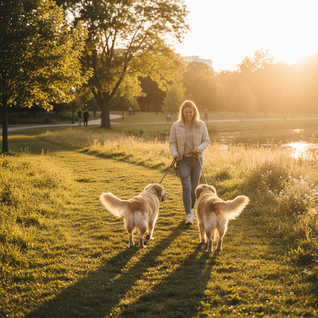 Balade régulière avec deux chiens dans un parc