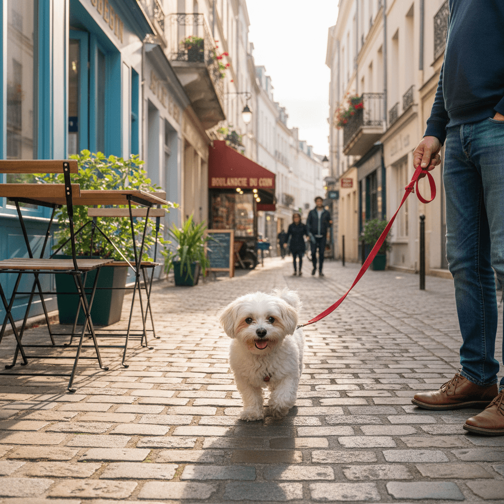 Petit chien en promenade dans un quartier résidentiel