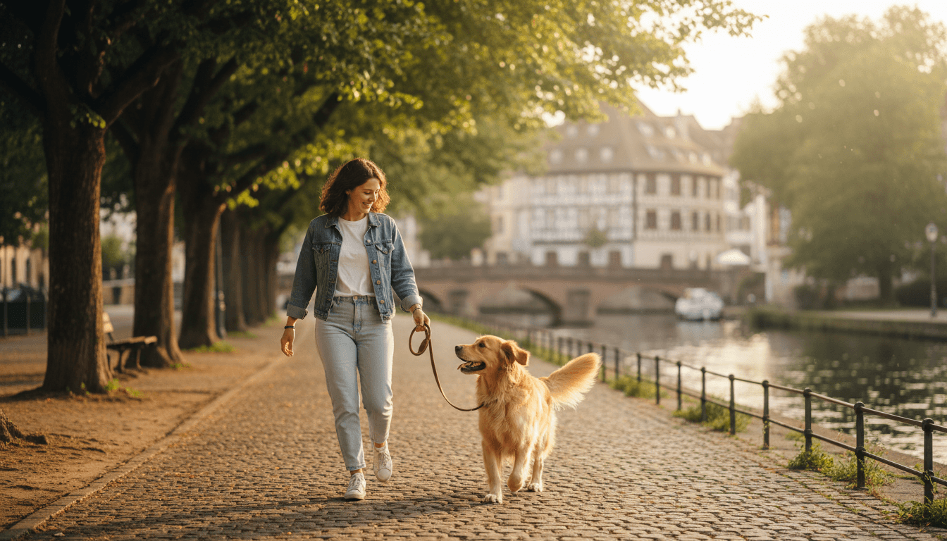 Femme promenant un golden retriever dans un parc à Strasbourg en fin d'après-midi