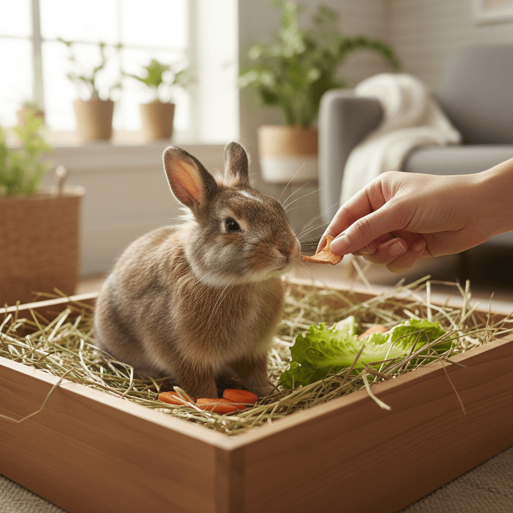 Lapin dans son enclos recevant une friandise