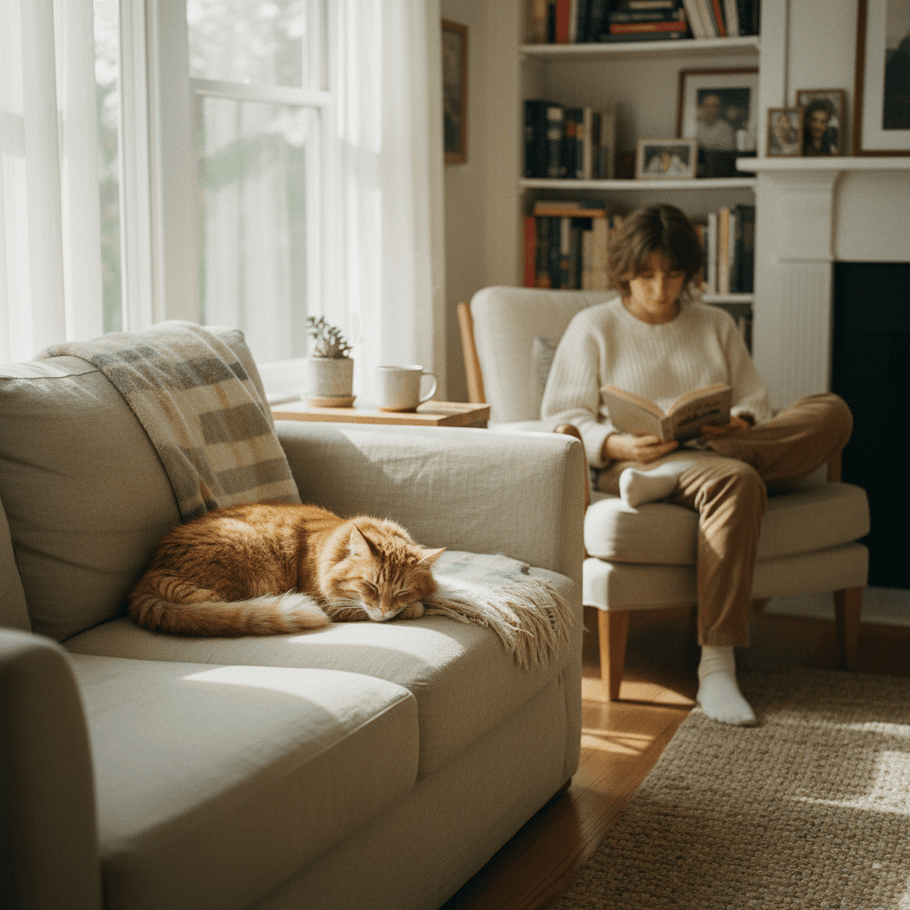 Chat confortablement installé sur un canapé lors d'une garde à domicile