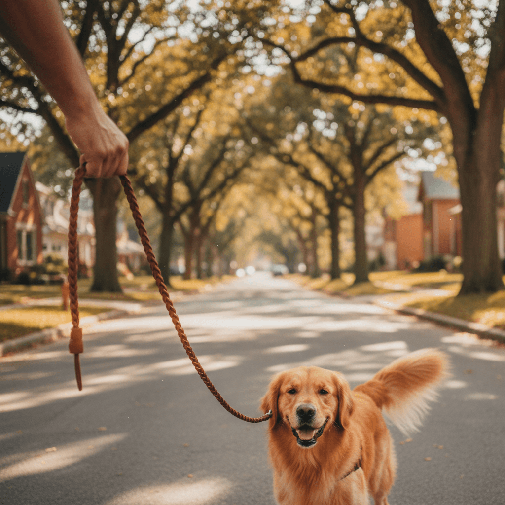 Promenade individuelle d'un chien en laisse dans une rue calme