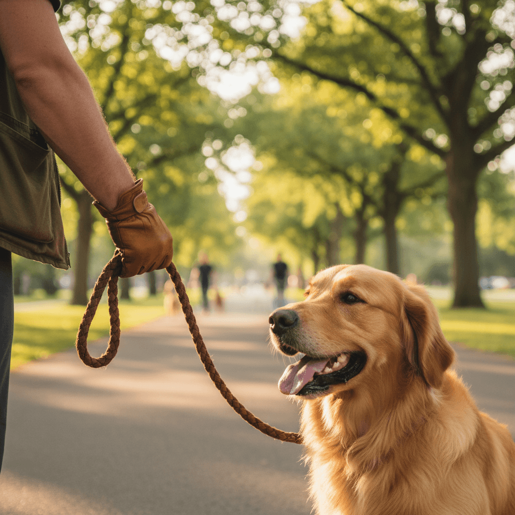 Femme promenant un chien heureux dans un parc ensoleillé à Strasbourg
