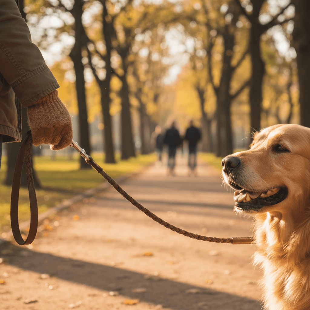 Chien reniflant de l'herbe pendant une promenade tranquille