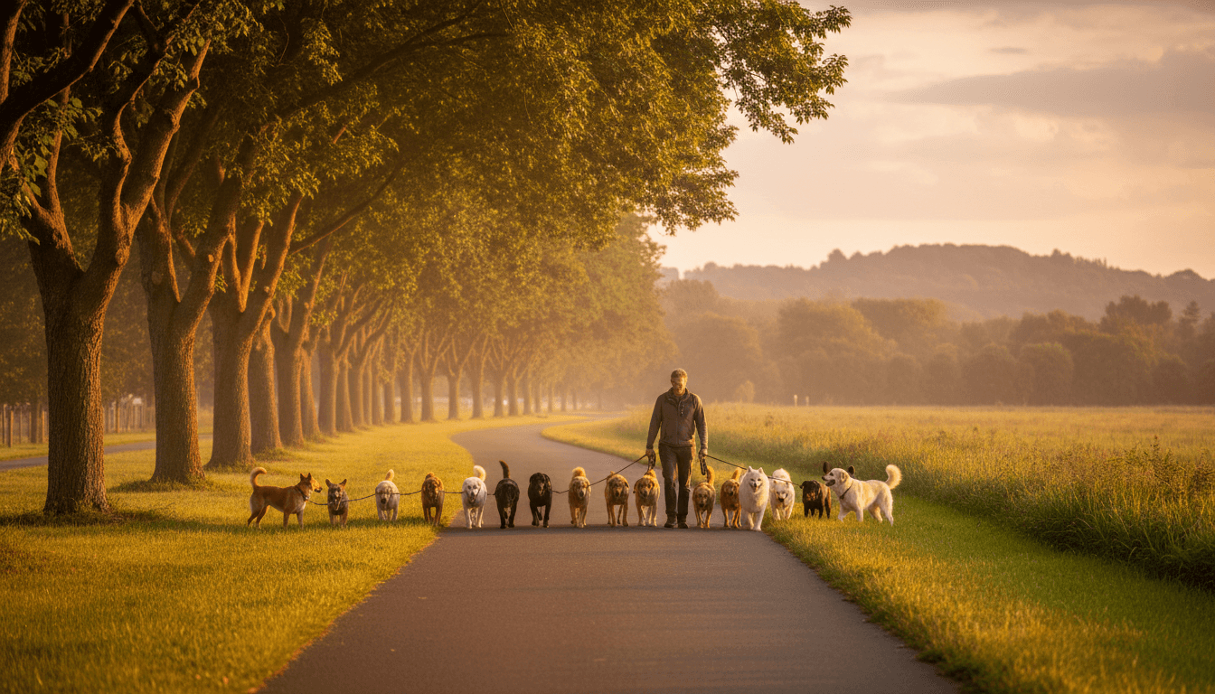 Deux chiens sur un chemin bordé d'arbres