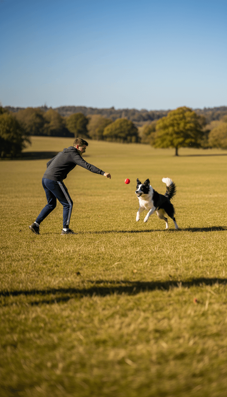 Chien courant joyeusement en balade avec sa petsitter