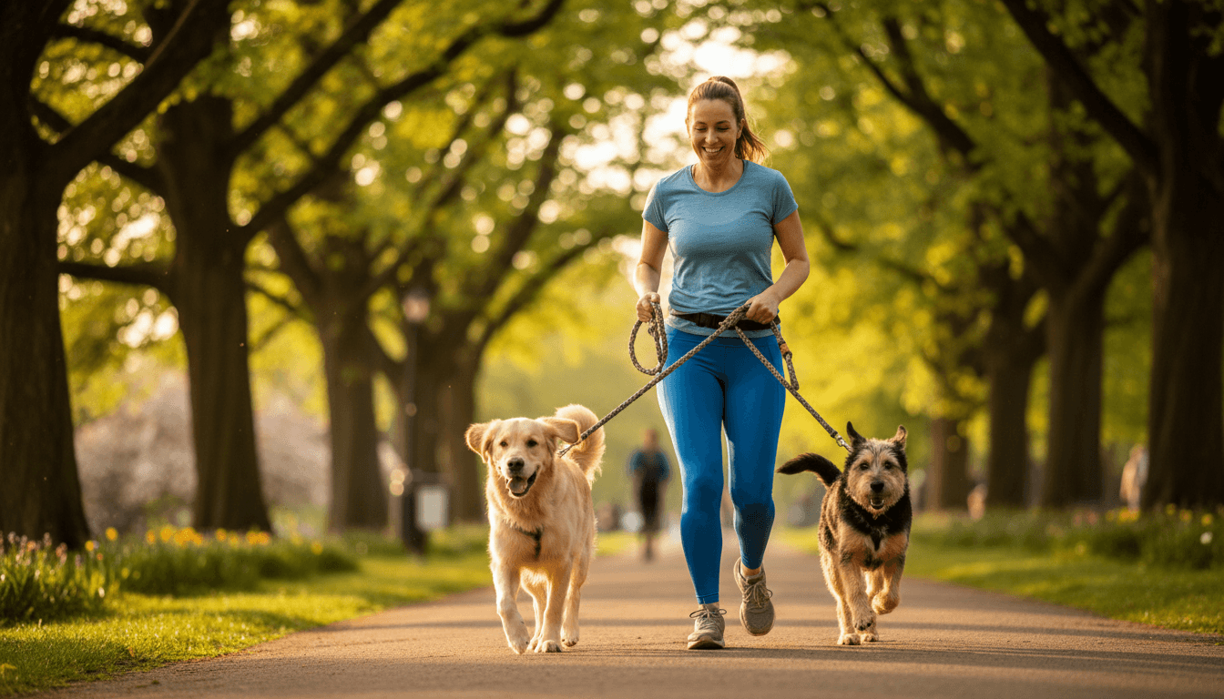 Chien heureux en promenade dans un parc au coucher du soleil, laisse tenue par son propriétaire