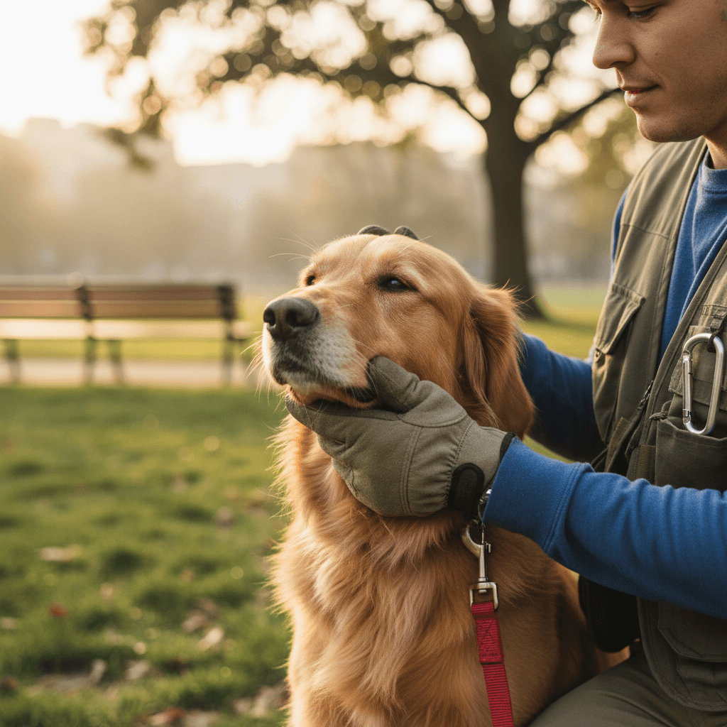 Geste doux et attentif envers un chien confiant